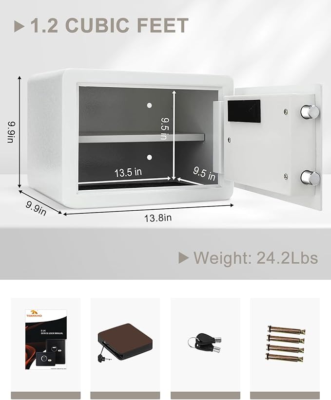 TIGERKING 1.2 Cu Ft Small Safe Box, White Security Safe with Digital Keypad, 2-Bolt Anti-Theft Locking Bolts, Removable Shelf, Easy Setup for Closet, Apartment, Dorm, Home Office
