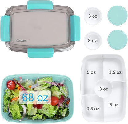 Caperci Large Salad Container Bowl for Lunch - Better Adult Bento Lunch Box 68 oz, 5-Compartment Tray, 2pcs 3-oz Sauce Cups, Stackable, BPA-Free (Aqua Sky)