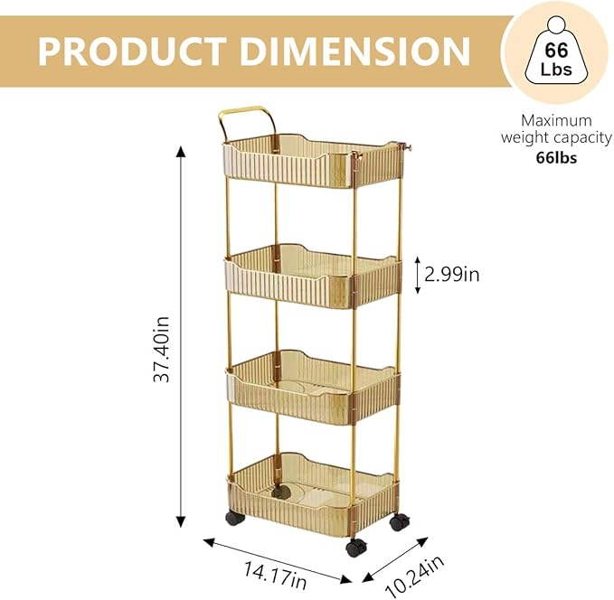 4-Tier Acrylic Rolling Storage Cart, Rolling Utility Cart, Kitchen Storage Cart with Wheels for Bathroom,Living Room, Kithcen, Office Storage and Organization (14''X10''X37'')(Amber)