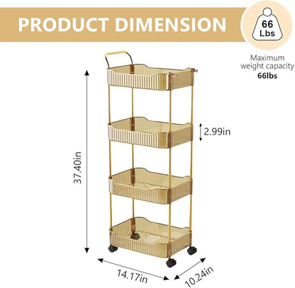4-Tier Acrylic Rolling Storage Cart, Rolling Utility Cart, Kitchen Storage Cart with Wheels for Bathroom,Living Room, Kithcen, Office Storage and Organization (14''X10''X37'')(Amber)