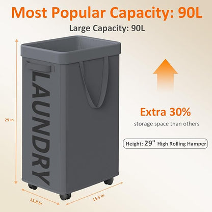Laundry Basket with Wheels, 90L Rolling Laundry Hamper with Wheels, Large Clothes Hamper on Wheel with Removable Mesh Bag for Bedroom, Bathroom, Dorm, Grey
