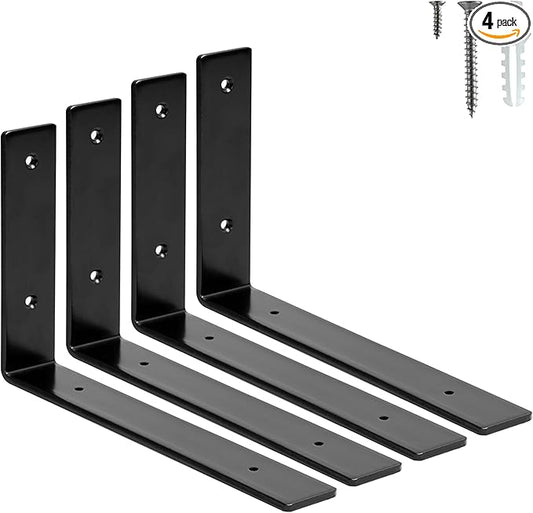 HEART ART 4 Pack Shelf Brackets 10 inch,L Brackets for Shelves,Black Heavy Duty Metal Shelf Brackets,10”x6”x1.5”
