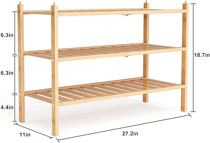 Shoe Rack, 3-Tier Bamboo Stackable Shelf Storage Organizer, Stand for Closet, Entryway, Hallway, Bathroom and Living Room（Natural）