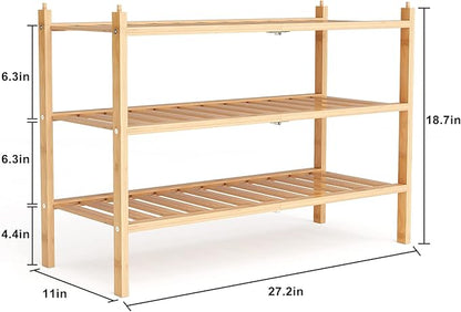 Shoe Rack, 3-Tier Bamboo Stackable Shelf Storage Organizer, Stand for Closet, Entryway, Hallway, Bathroom and Living Room（Natural）