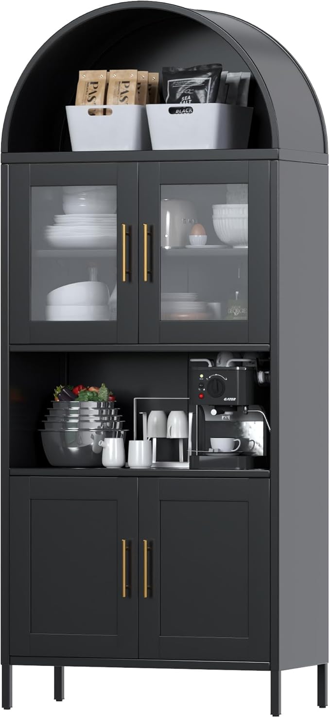 Metal Arched Pantry Cabinet,Black Arched Kitchen Pantry Cabinet with 4 Doors for Kitchen Home, Assemble Required,Black,72.83"×30.71" W×15.35" D