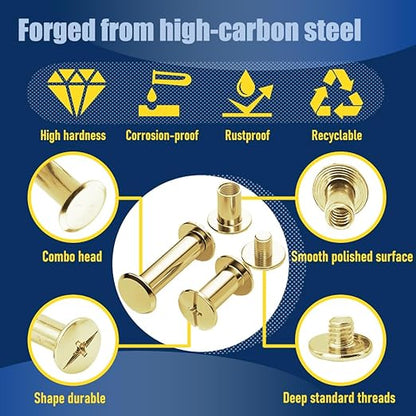 130 Sets Gold Chicago Screws Leather Rivets Kit, 7 Sizes (M5*4,5,6,8,10,12,15) & 3 Screw Lengths (M4*3,4,5) for Belts, Bookbinding, DIY Leather (Gold)