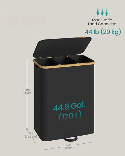 SONGMICS Laundry Hamper, Laundry Sorter with Lid, Storage Basket Bin, Removable Liners, Bamboo Frame, for Bedroom, 3 Sections, 44.9 Gal. (170 L), Ink Black ULCB533BH01