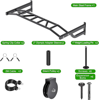 SELEWARE 48'' Heavy Duty Pull Up Bar Wall Mount Multi-function Chin up Bar with Home Gym Cable Pulley System LAT Pulldown Workout Attachments Heavy Bag Hanger