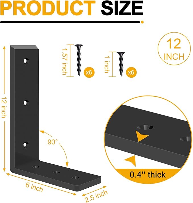 Countertop Support Brackets, Heavy Duty L Shelf Bracket 12'' x 6'' x2.5'' for Granite, Holds up to 300 lbs, L Bracket for Quartz, Granite, Wood, Concrete and Laminate Countertops(2 Pack)