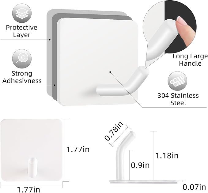 FOTYRIG Adhesive Towel Hooks Heavy Duty Stick on Towel Holder Wall Hangers Waterproof Stainless Steel Sticky Hooks for Hanging White Bathroom Kitchen Home-4 Packs