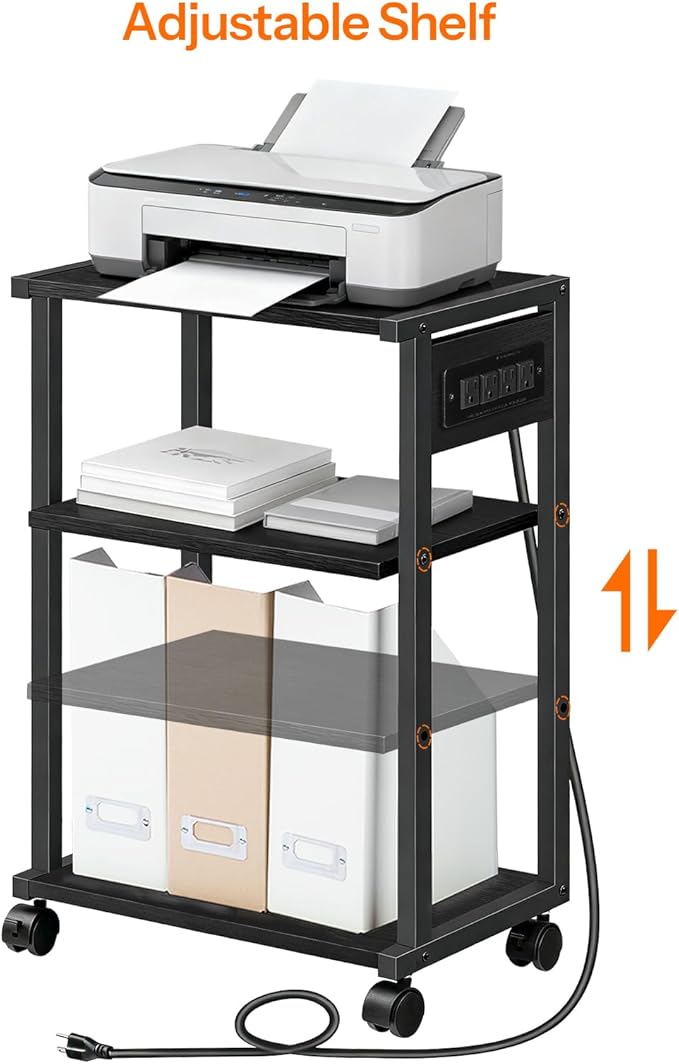 HOOBRO Industrial Printer Stand with Charging Station, 3-Tier Printer Table, Rolling Printer Cart with Adjustable Shelf and Hook, Black BB28UPS01