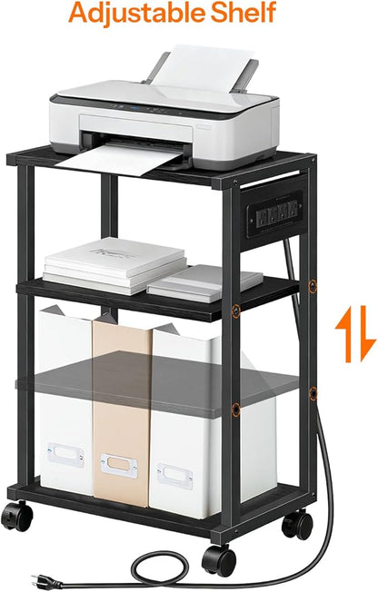 HOOBRO Industrial Printer Stand with Charging Station, 3-Tier Printer Table, Rolling Printer Cart with Adjustable Shelf and Hook, Black BB28UPS01