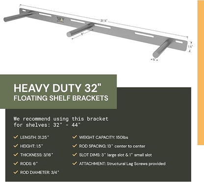 Floating Shelf Bracket - 32” Hidden Shelf Brackets, 150 LB Weight Capacity, Supports Wall Mounted Floating Shelves of Any Length, 3/4 Inch Industrial Solid Steel Support Rods Walnut Wood Works