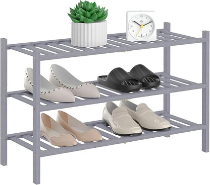 RONGJlA 2 Tier Bamboo Shoe Rack for Closet Free Standing Wood Shoe Shelf Storage Organizer for Entryway Small Space Stackable, Grey