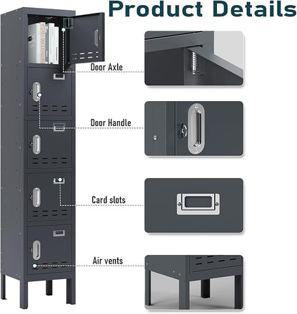 Metal Lockers - 66" Height Steel Lockers for Employees with 5 Door Storage Locker with Card Slot for Employees Gym School Home Office Garage - Assembly Required