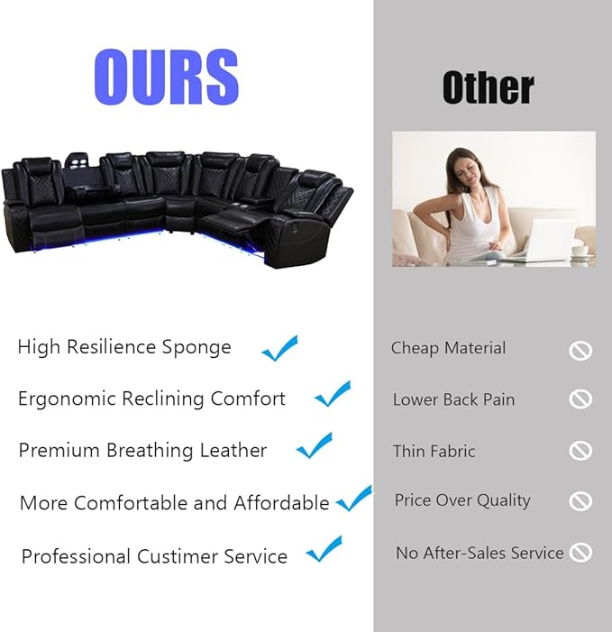 Power Sectional Sofa, Power Recliner Sofa Set for Living Room, Leather Reclining Sectional, Black 3PCS Recliner Couch Loveseat Sets with LED, USB Charging, Cup Holders, Storage for Home/Office