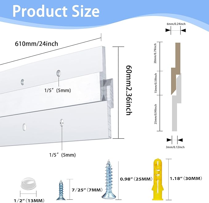 24 Inch French Cleat Hanger, Aluminum French Cleat, Mirror Hanging Hardware, French Cleat Heavy Duty for Panel, Whiteboard, Cabinet, Shelf, Headboard, Art (1 Pair, Support 160lbs)