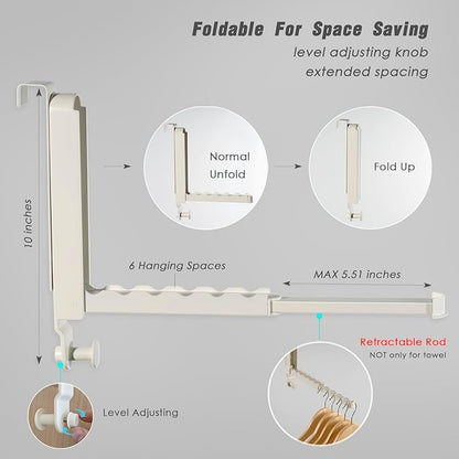 Folding Clothes Drying Rack with 3 Brackets for Over The Door and Wall Mount, All Metal Laundry Dryer Rack with Retractable Rod for Towel, Fit Doors Thickness from 0.59in to 1.96in (Cream White)