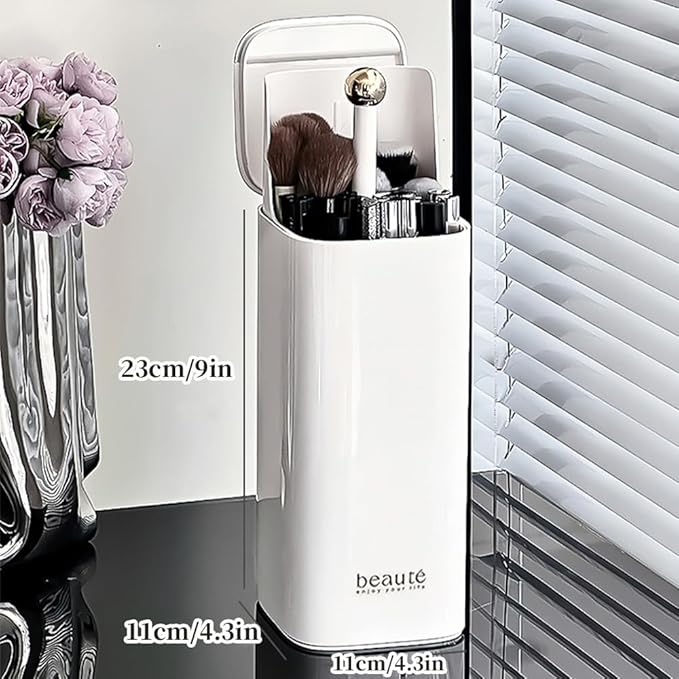 Automatic Lifting Makeup Brush Holder with Lid Dustproof Cosmetic Organizers for Vanity-White