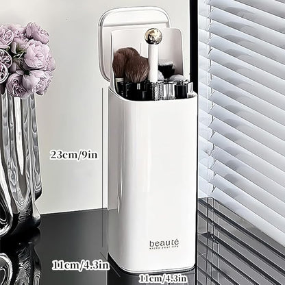 Automatic Lifting Makeup Brush Holder with Lid Dustproof Cosmetic Organizers for Vanity-White