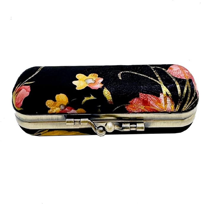 MIAO JIN Lipstick case with mirror Lipstick Holder Storage Bag Kiss lock of iron Mini portable Vintage floral pattern jewelry cosmetic Case (Black)
