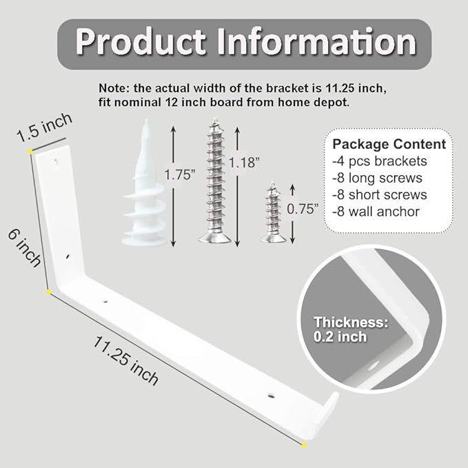 Shelf Brackets 12 Inch 4PCS Heavy Duty White Wall Bracket with Lip for Floating Shelves Rustic Iron Metal Shelf Bracket for DIY Open Shelving Hardware Included