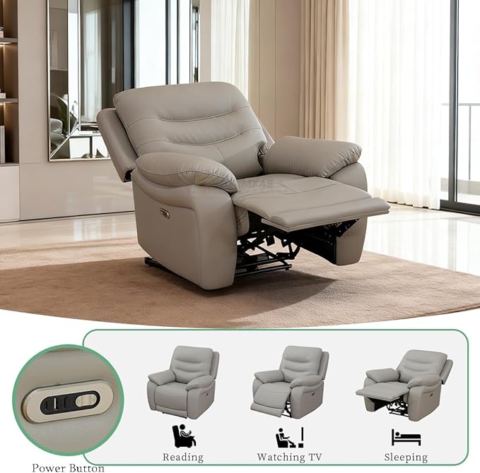 Light Grey Breathing Leather Power Setional Reclining Sofa, Living Room Furniture Sets, Power Recliner Chair for Living Room, Breathing Leather Chair with LED Light/USB Port for Office