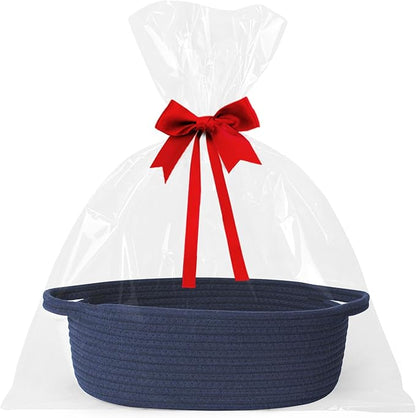 Small Baskets for Gifts Empty, 13"x 9"x 5" Woven Gift Basket with Bag and Ribbon, Cotton Rope Kids Dog Cat Toy Bin Box, Cute Baby Nursery Organizer, Decorative Storage with Handles,Dark Blue