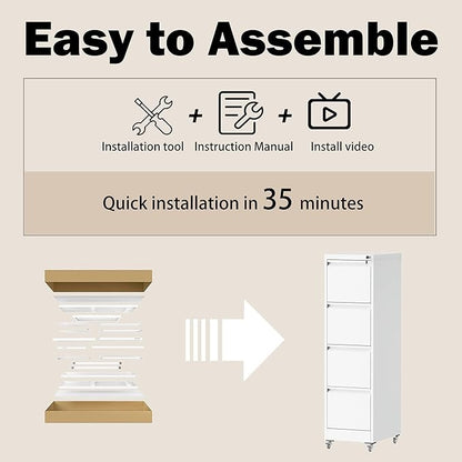 File Cabinet with Lock, 4 Drawers Filing Cabient with Wheel, Steel Vertical Filing Storage Cabinet for Home Office, Heavy-Duty File Cabinets for Letters/Legal/A4 (Require Assembly, White)
