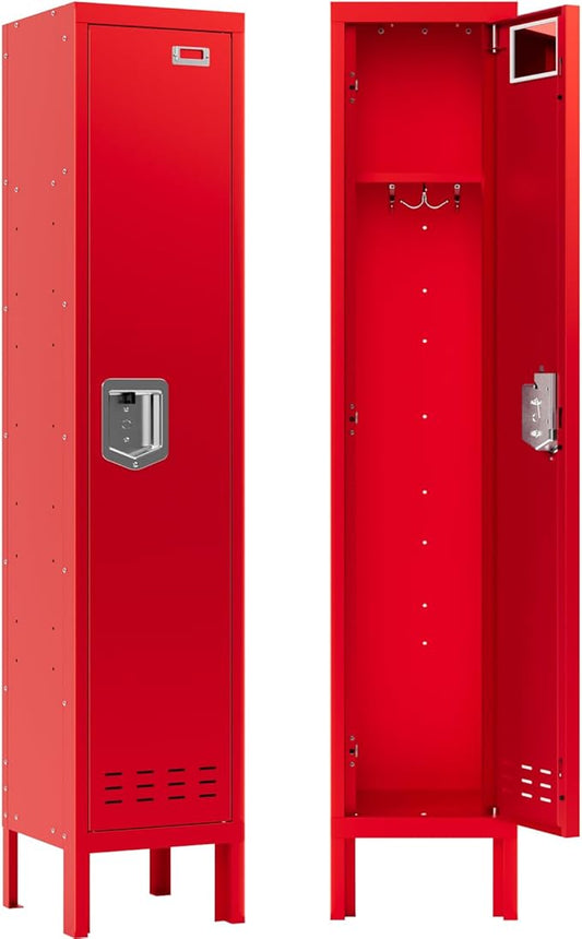 Metal Storage Locker with Lock & Card Slot Locker - Secure Lockable Door - Steel Locker for School, Office, Gym, Home - 66.15" H x 11.8" W x 11.8" D（1 Door, Red）