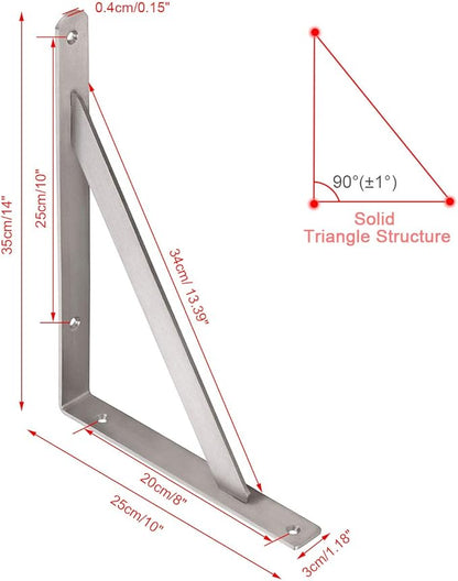 YUMORE 14" Stainless Steel Shelf Bracket, Max Load: 550lb Heavy Duty Solid Shelf Support Corner Brace Joint Right Angle Bracket, Pack of 2