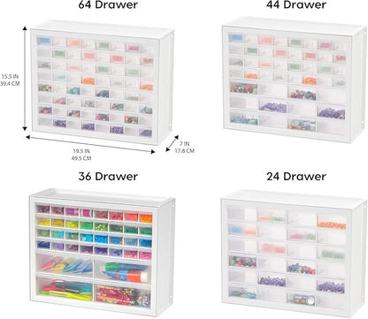 IRIS USA Bead Organizer Storage Bin Drawer Cabinet, 64-Drawer Plastic Organization Chest for Screws Bolts Nails Hardware Small Parts Electronics Charm Tools Scrapbook Art Craft Hobby Supplies - White
