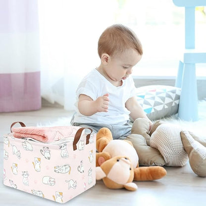FXOLCSHE Rectangular Pink Cat Baskets,Cute Kids Toy Storage Basket Bin,Pink Gift Organizer,Toys Box,Toy Organizer,Baby Nursery,Empty Rectangular Cat Room Decor(Pink Cats)