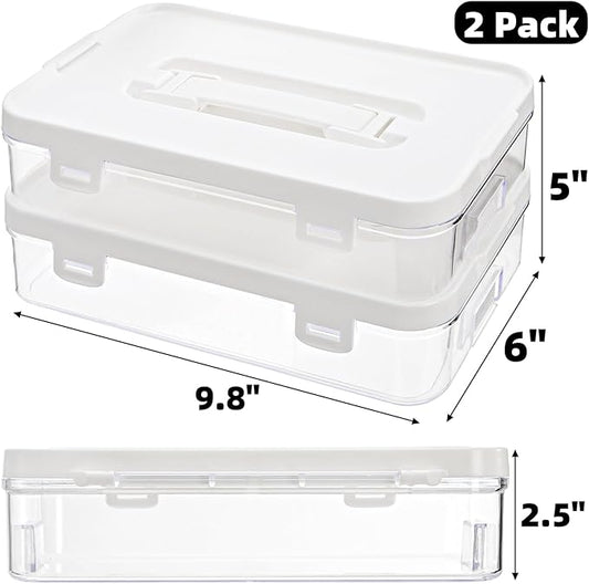 2 Pack Plastic Storage Containers with Lid, Stack & Carry Craft Box with Handle, Multipurpose Office Supplies Organizers, Potable Pencil Storage Bin for Stationery, Crayons, Sewing, Makeup
