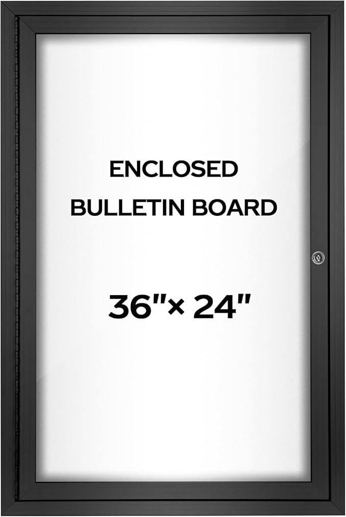 INNOVART Enclosed Bulletin Board 36”x24”, Lockable Dry Erase Noticeboard with Black Aluminum Frame, Outdoor Enclosed Whiteboard Weatherproof, Wall Display Case with Swing-Open Door Information Cabinet