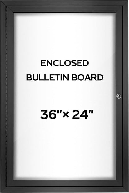 INNOVART Enclosed Bulletin Board 36”x24”, Lockable Dry Erase Noticeboard with Black Aluminum Frame, Outdoor Enclosed Whiteboard Weatherproof, Wall Display Case with Swing-Open Door Information Cabinet