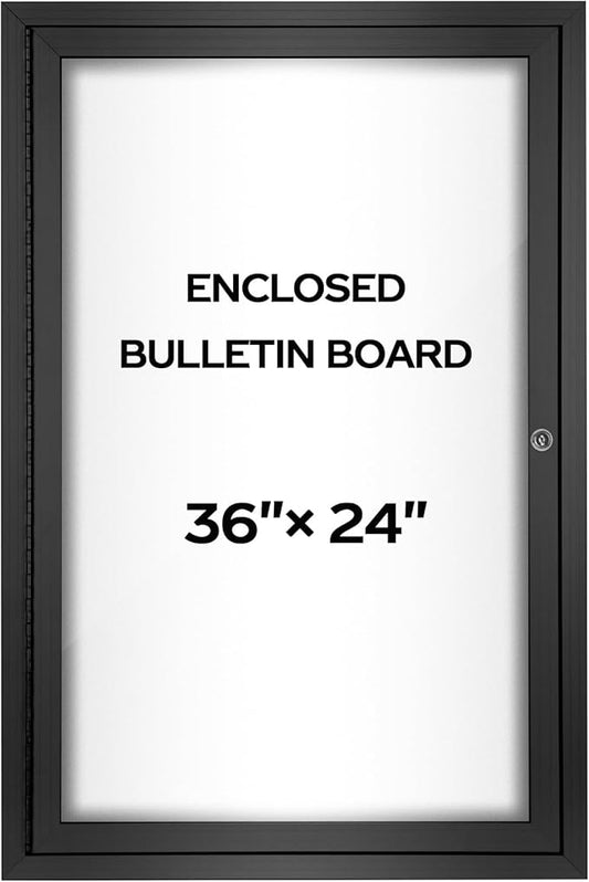 INNOVART Enclosed Bulletin Board 36”x24”, Lockable Dry Erase Noticeboard with Black Aluminum Frame, Outdoor Enclosed Whiteboard Weatherproof, Wall Display Case with Swing-Open Door Information Cabinet