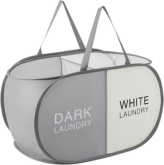 Pop Up Laundry Hamper 2 Section, Collapsible Laundry Basket with Carry Handles for Home, Laundry Room, Bedroom, Dorm, RV Travel (Grey & Beige - 2 Compartments)