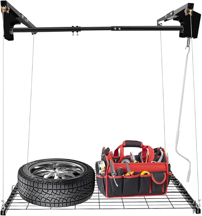 Garage Lifting Storage Rack, 300lbs Adjustable Overhead Garage Storage Rack Heavy-duty 4x4 FT Garages Ceiling Storage Lift Max. Adjustable Height 79in (Matte Black 300Lbs)