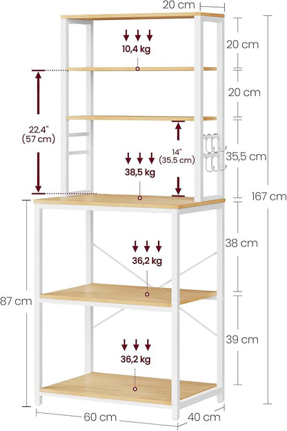 VASAGLE Coffee Bar, 23.6 Inches Baker's Rack for Kitchen with Storage, 6-Tier Kitchen Shelves with 6 Hooks, Microwave Stand, Modern, Golden Oak and Cloud White UKKS024W09