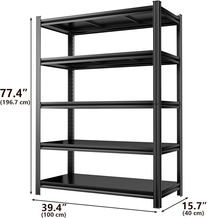 Metal Garage Shelving Unit 5-Tier Adjustable Heavy Duty Storage Shelves, 3000 lbs Capacity Steel Garage Storage Rack Organizer for Garage Basement Warehouse, Black 39.4" W x 15.7" D x 77.4" H