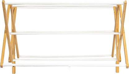 Household Essentials Bamboo and Metal Wall Mount Extendable Drying Rack, Compact Upscale Laundry Rack with 8 Dowels, White