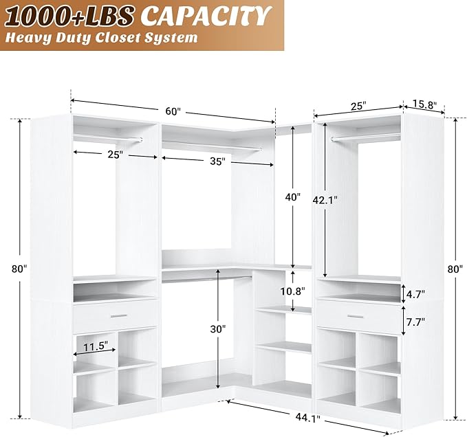 Unikito 86" Corner Closet System, Modular Closets Organizer with 4 Hanging Rods and 2 Drawers, Freestanding Adjustable Wood Clothes Garment Rack with Storage Shelves, White