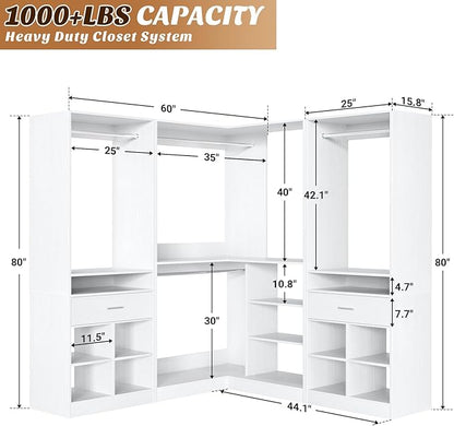 Unikito 86" Corner Closet System, Modular Closets Organizer with 4 Hanging Rods and 2 Drawers, Freestanding Adjustable Wood Clothes Garment Rack with Storage Shelves, White