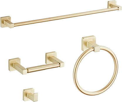 Brusehd Light Gold Bathroom Hardware Set 4 Pieces,Bathroom Accessories Set Stainless Steel Wall Mounted, Hand Towel Bar, Towel Ring, Robe Towel Hooks,Toilet Paper Holder,Towel Bar Set, 23.6 Inch…