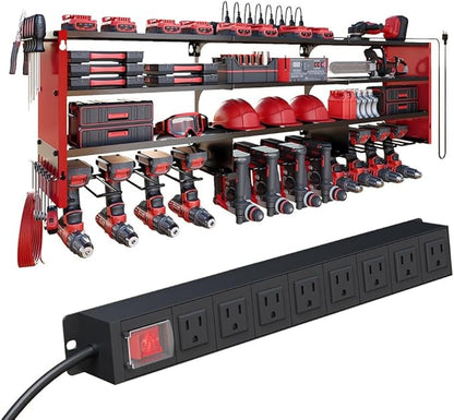 53" Power Tool Organizer Wall Mount with Power Strip, Heavy Duty Metal Tool Shelf, 400lbs Capacity for Cordless Drills, Batteries & Garage Storage (12 Slots with 8 Outlets Power Strip)