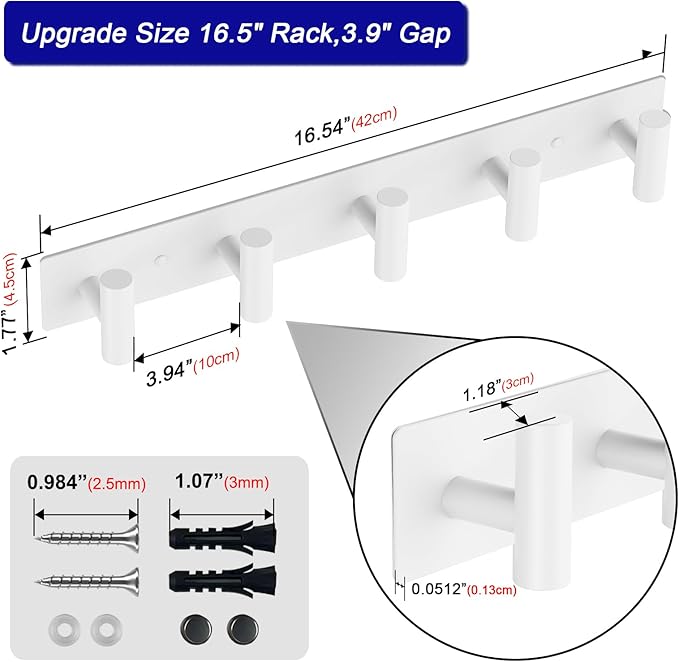 Coat Rack Wall Mount - 5 Hat and Coat Hooks, Heavy Duty Towel Racks for Bathroom Entryway, Wall Hooks for Hanging Robes Bags, Hat Rack Key Hanger Organizer (White)