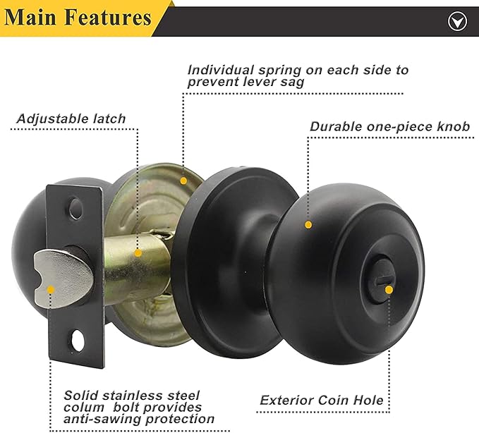 Probrico Black Door Knob 8 Pack, Interior Door Handles Black Finish, Round Knob Style, Privacy Knob for Bedroom Bathroom