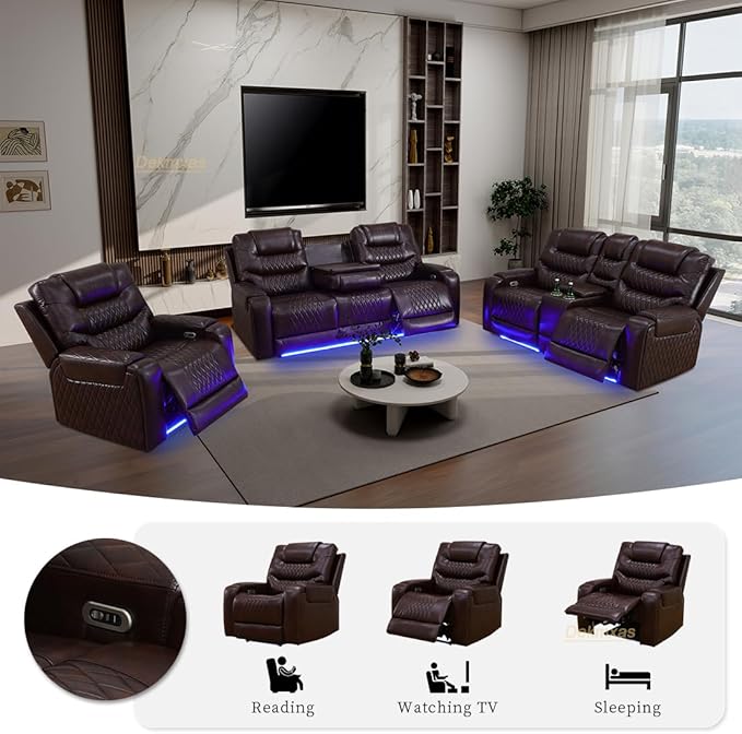 Living Room Furniture Sets, 3-Piece Power Reclining Breathing Leather Sofa Set with Storage Console, 5 Power Recliner Seats/Cup Holder/LED Light/USB Port for Living Room Sofa, Office