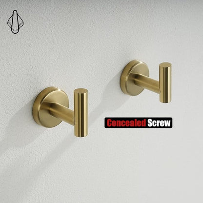 JQK Bathroom Towel Hook Brushed Gold, Brass Coat Robe Clothes Hook for Bathroom Kitchen Garage Wall Mounted (Pack of 4), SUS 304 Stainless Steel 0.8mm, TH100-BG-P4